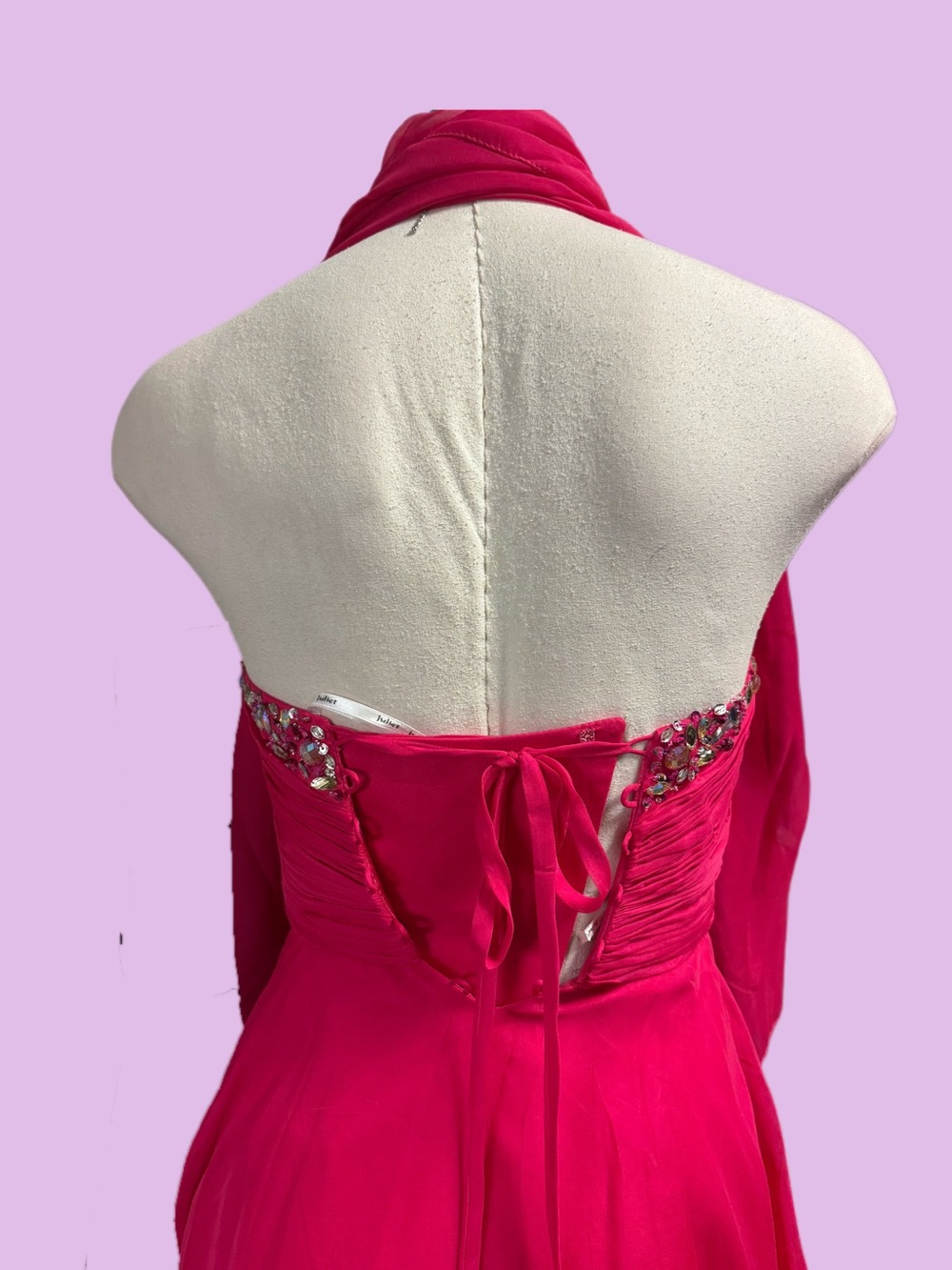 Strapless Fuchsia Beaded Evening Gown with Scarf - Picture 3 of 4